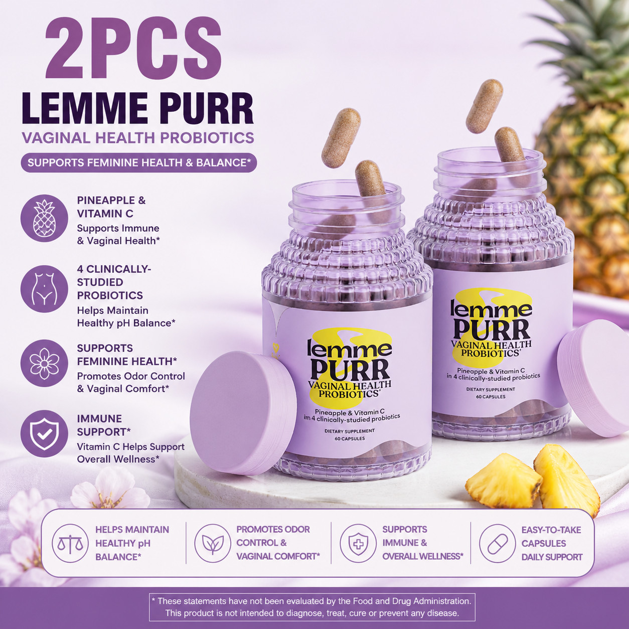 Lemme Purr Vaginal Probiotic Capsules for Women-Balanced pH,Healthy Odor120Ct