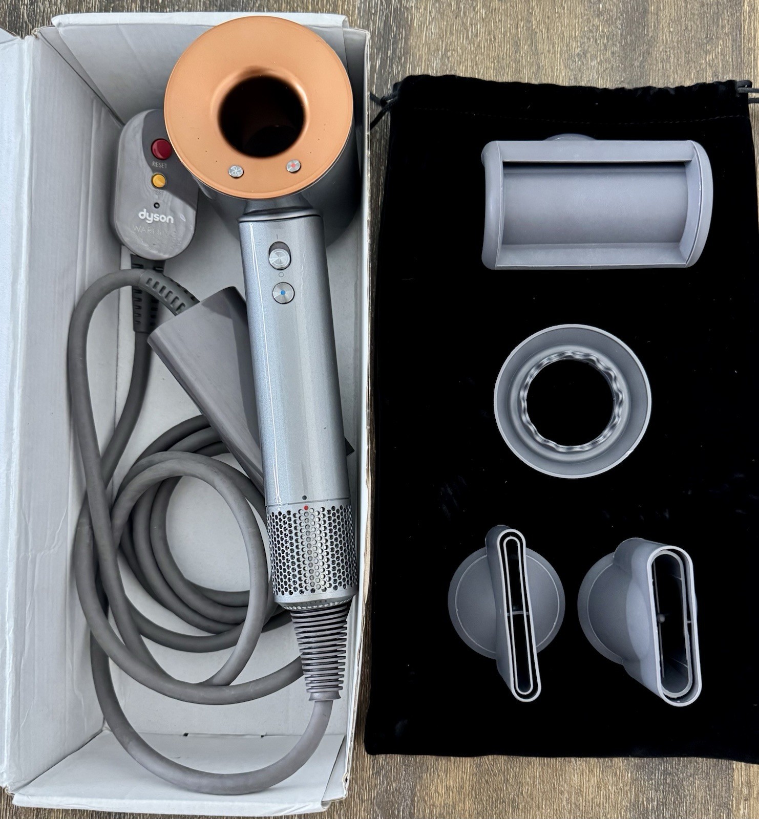 Dyson Supersonic Hair Dryer Copper / Nickel w 4 Attachments & Velvet Travel Bag